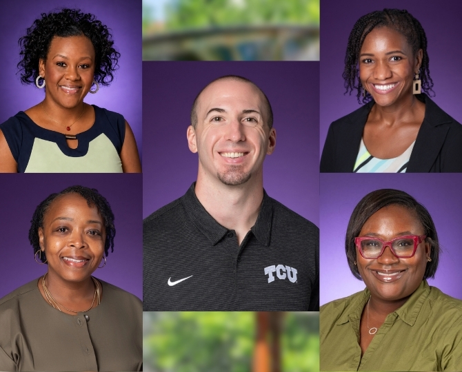 A collage features the five new faculty members joining TCU's Harris College of Nursing & Health Sciences for Fall 2026. The design includes five professional headshots arranged on a purple background, with one faculty member centered and four surrounding them. Each person is smiling and dressed in professional attire, representing the college's newest additions across its academic programs.