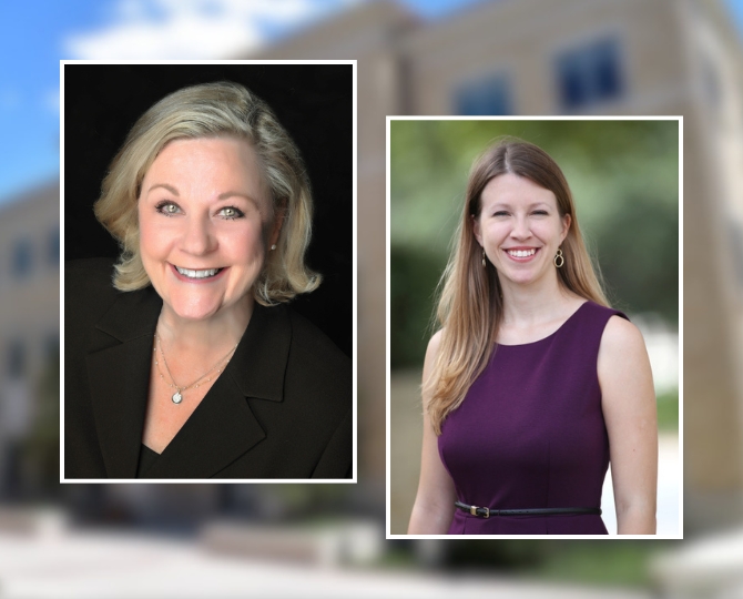 On the left is a photo with a white frame around, depicting Dr. Jennifer Watson, emeritus professor in the Davies School of Communication Sciences & Disorders. Dr. Watson is wearing a black shirt and matching black blazer, smiling, against a black background. On the right, a photo with a white frame depicting Dr. Emily Lund, professor in the Davies School of Communication Sciences and Disorders. Dr. Lund is wearing a plum-colored dress, smiling. A photo with a blurred background of the Annie Richardson Bass is in the background.